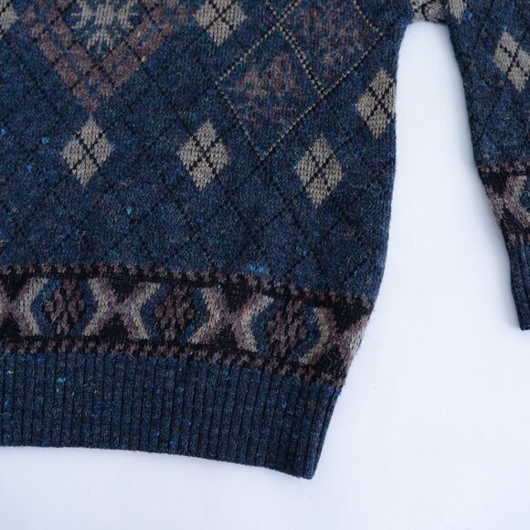 VTG 80s London Fog Blue Taupe Argyle Eclectic Grandpa Wool Crew Neck Sweater L - Picture 8 of 10